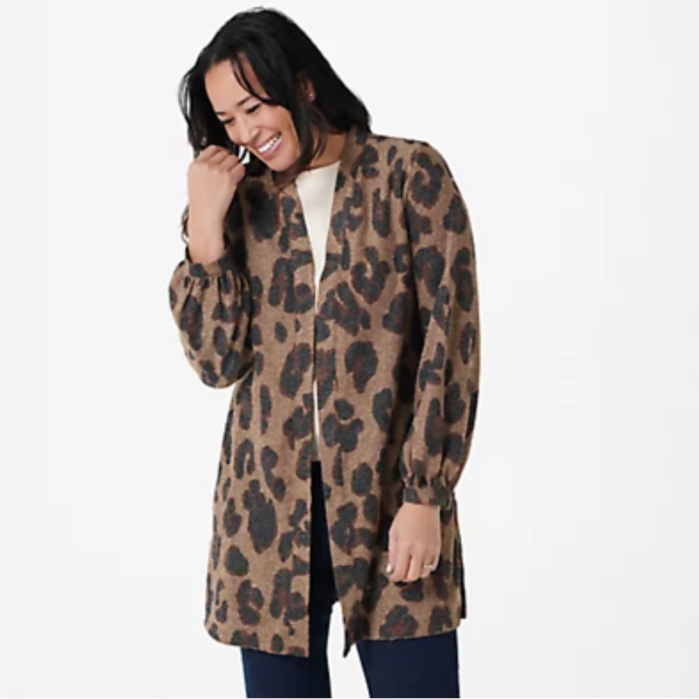 Susan Graver Cardigan Petite 1XP  Brown Animal Print Metallic Duster.